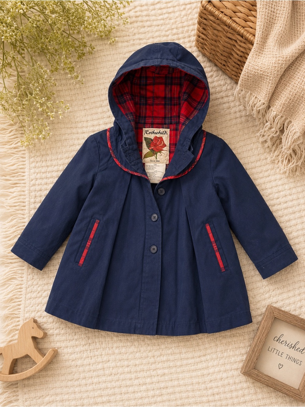 Rothschild Navy Hooded Girls' Raincoat with Red Plaid Trim 18M